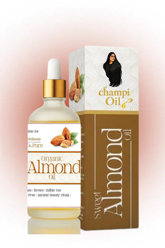 Champi Oil 100% pure organic sweet almond oil bottle for hair and skin.