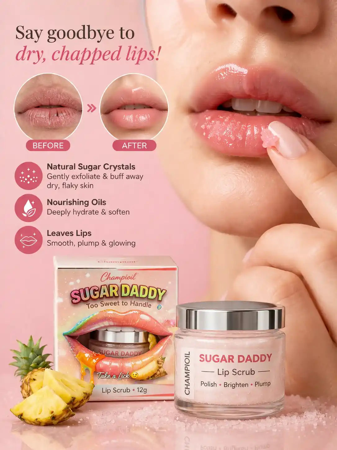 Applying Sugar Daddy Lip Scrub by Champi Oil to exfoliate and soften dry lips.