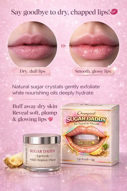 Sugar Daddy Lip Scrub by Champi Oil transforming dry, dull lips to smooth and glossy.