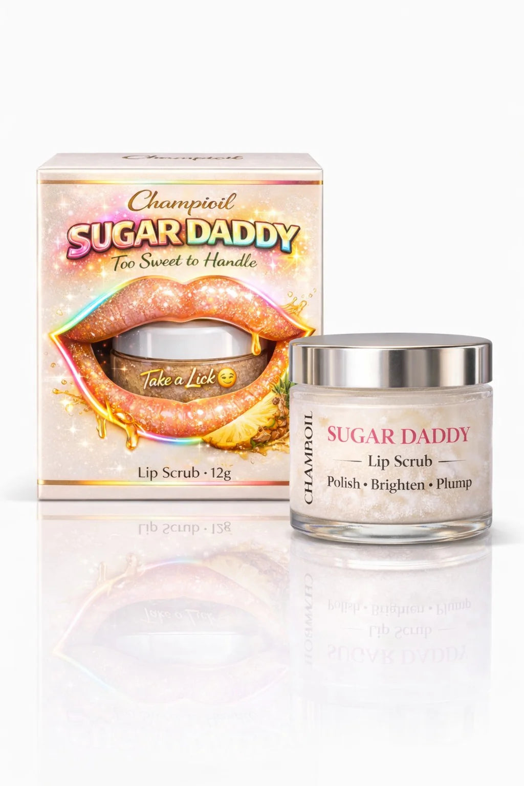 Packaging of Sugar Daddy Lip Scrub by Champi Oil designed to polish and brighten.