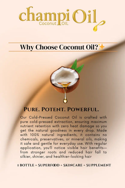 Pure cold-pressed coconut oil for hair fall and stronger roots.